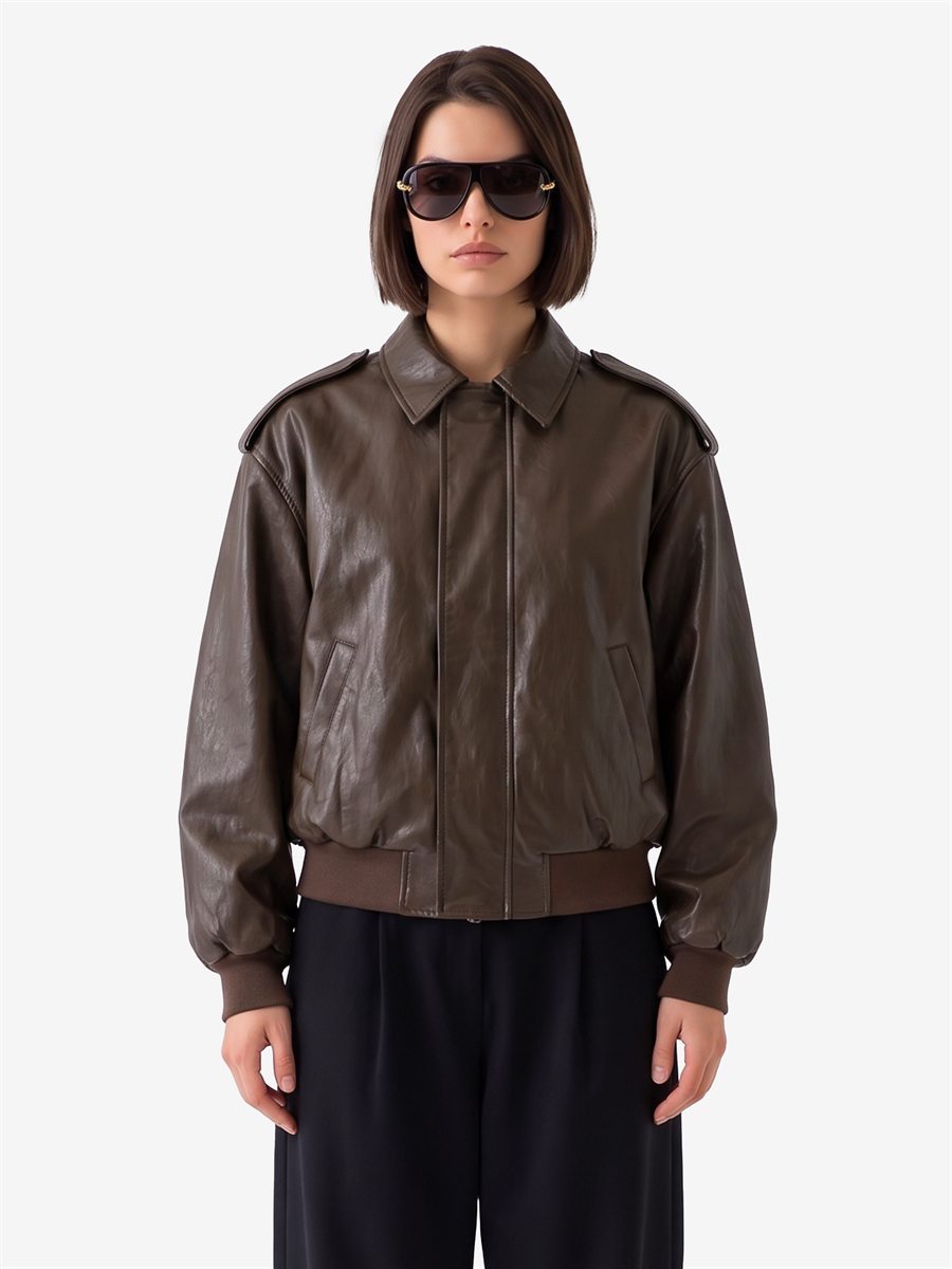 Sutton New York - Bomber in ecopelle laminata moro - Vista frontale